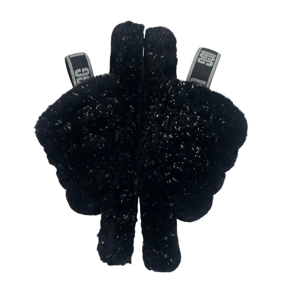 UGG Fluff Yeah Metallic Sparkle Black‎ Slippers Slides Big Kids Size 5 Womens 7